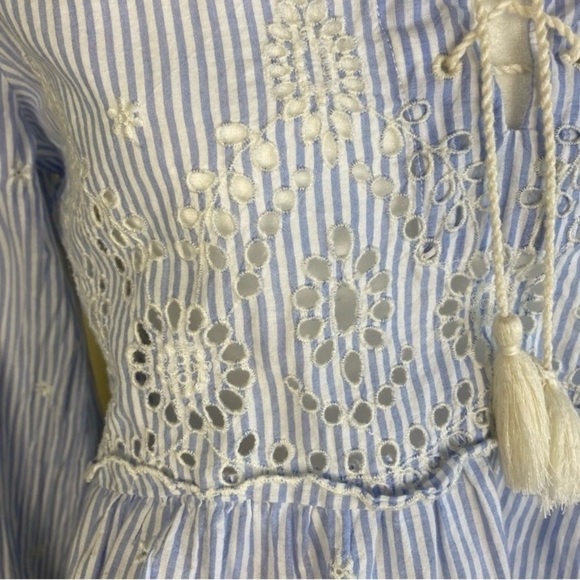 Gap Striped Embroidered Eyelet Tiered Peasant Blouse Tassels Puff Sleeves Sz XS - Picture 7 of 16